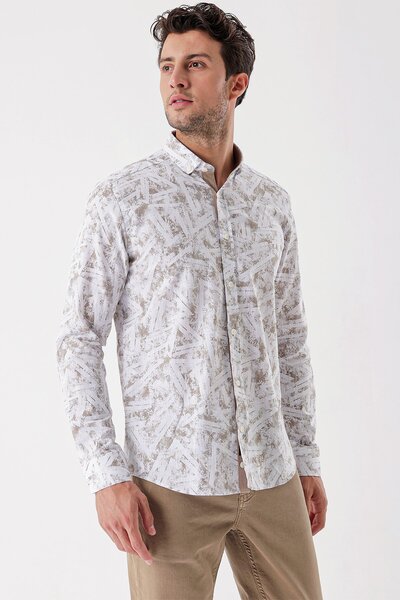 İmza Λευκό μακρυμάνικο εμπριμέ υφασμάτινο κλασικό πουκάμισο με λεπτή εφαρμογή με γαρνιτούρα χωρίς τσέπη 1004230229