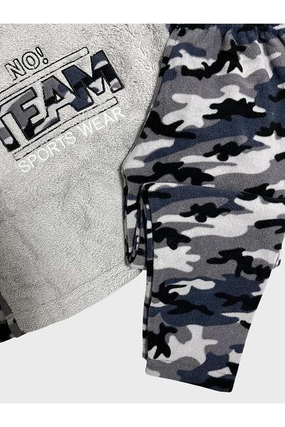 Fil Kids Boy's Gray Snow Camouflage Patterned Long Sleeve Winter Fleece Pajamas Set