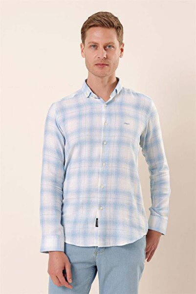 İmza Koyu Mavi Uzun Kollu Kareli Cepsiz %100 Pamuk Klasik Slim Fit Dar Kesim Gömlek 1004230176