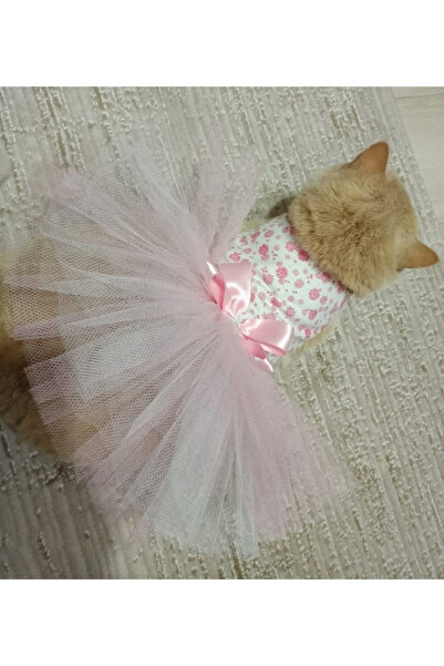 Gobo فستان أبيض للقطط/الكلاب - نمط زهور وردي، تفاصيل فيونكة، مقاس XL 4