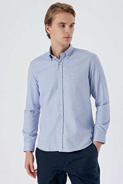 İmza Σκούρο μπλε μακρυμάνικο στάμπα Dobby με κουμπιά γιακά χωρίς τσέπη Βαμβακερό κλασικό πουκάμισο με λεπτή εφαρμογή 1004235148