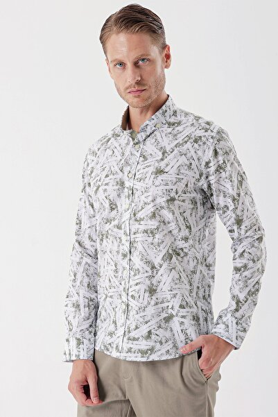 İmza Λευκό μακρυμάνικο εμπριμέ υφασμάτινο κλασικό πουκάμισο με λεπτή εφαρμογή με γαρνιτούρα χωρίς τσέπη 1004230229