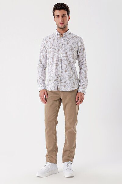 İmza Λευκό μακρυμάνικο εμπριμέ υφασμάτινο κλασικό πουκάμισο με λεπτή εφαρμογή με γαρνιτούρα χωρίς τσέπη 1004230229