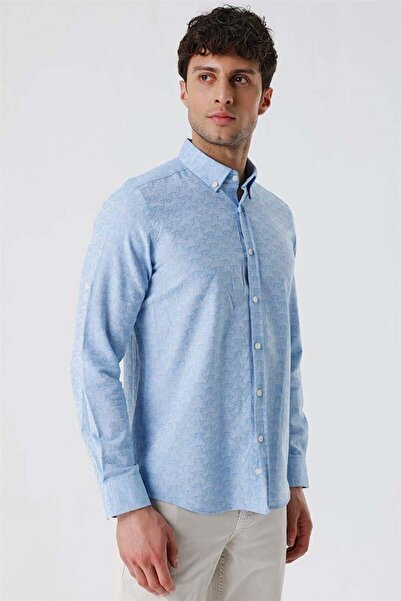 İmza Σκούρο μπλε πουκάμισο με μανίκια με δυνατότητα αναδίπλωσης με σχέδιο ζακάρ χωρίς τσέπες 100% βαμβακερό πουκάμισο casual slim fit 1004230181