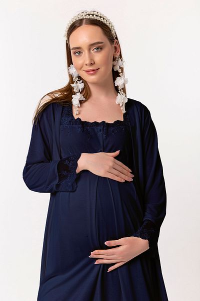 ByLohusa Комплект нощница за бременни Effort Navy Blue с халат