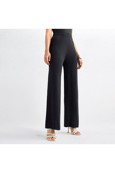 FAV Solid Wide Leg Pants with Ribbed Waistband