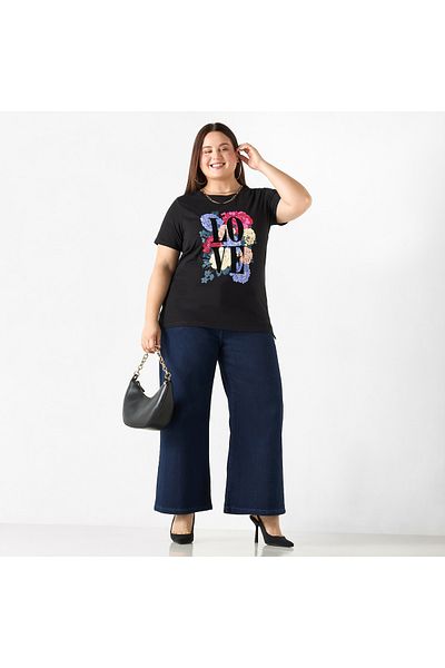 Ulla Popken Plus Size Ulla Popken Solid Wide Leg Jeans with Button Closure