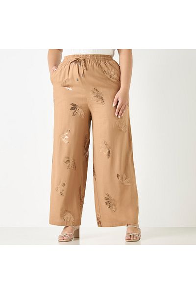 Ulla Popken Plus Size Ulla Popken All-Over Embellished Wide Leg Pants with Drawstring Closure and Pockets