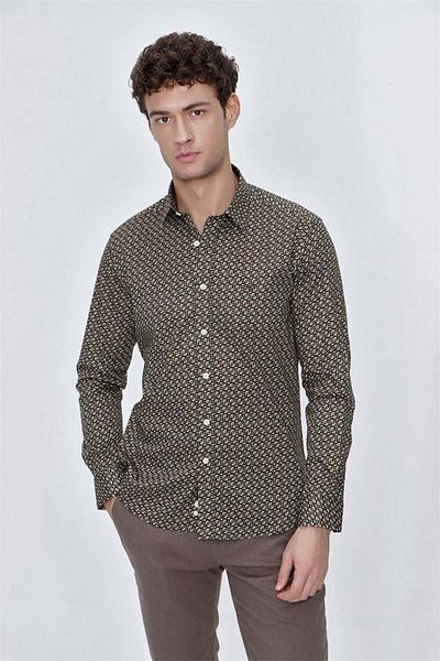 İmza Cămașă clasică cu mânecă lungă imprimată kaki închis, guler dur, 97% bumbac, slim fit1004225140