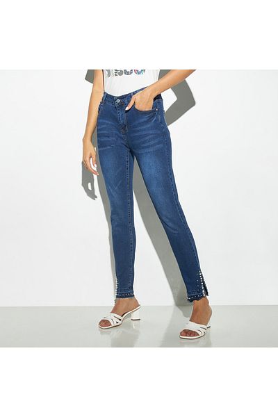 2Xtremz Embellished Jeans with Pockets and Slit Detail