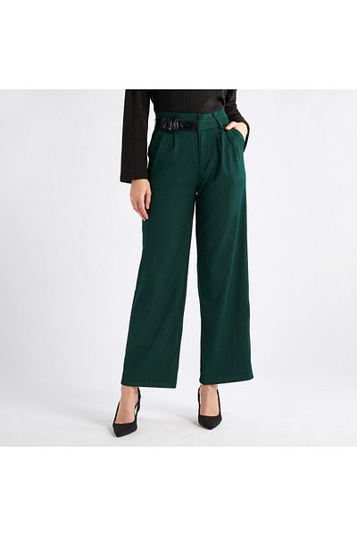 FAV Solid Belted Wide Leg Trousers with Pockets