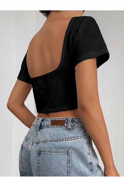 Liona Boat Neck Black Color Patternless Backless Ribbed Short Sleeve Lycra Fit Crop Top Blouse