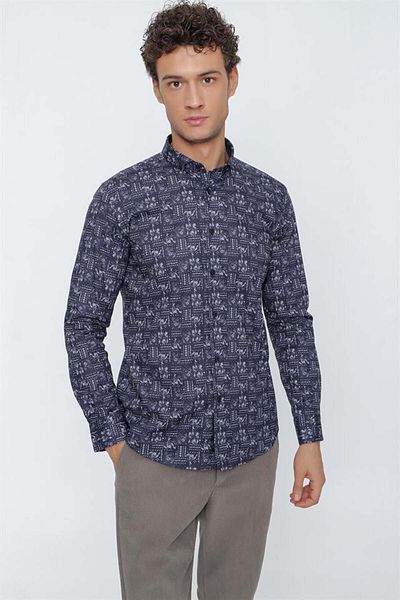 İmza Cămașă clasică slim fit din bumbac imprimat cu mânecă lungă, albastru marin închis, lycra1004225159