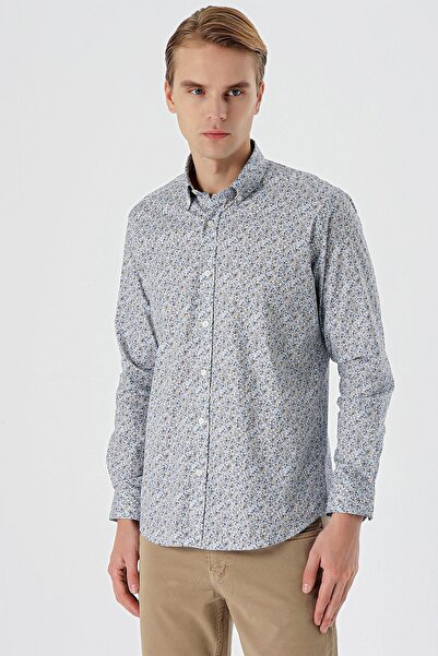 İmza Біла сорочка з довгими рукавами, принтом, ґудзиками на комірі, без кишень, з бавовняної тканини з еластаном, класичний крій Slim Fit 1004235126