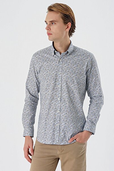 İmza Біла сорочка з довгими рукавами, принтом, ґудзиками на комірі, без кишень, з бавовняної тканини з еластаном, класичний крій Slim Fit 1004235126