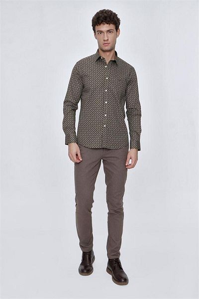 İmza Cămașă clasică cu mânecă lungă imprimată kaki închis, guler dur, 97% bumbac, slim fit1004225140