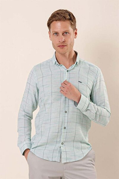 İmza Men's Dark Green Long Sleeve Checkered Classic Slim Fit Slim Fit Shirt 1004230175