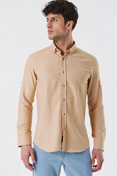 İmza Cămașă slim fit, 100% bumbac, în gabardină, bej, cu mâneci scurte, fără buzunar1004230180