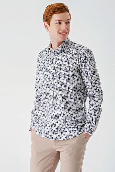 İmza Светлобежова памучна риза Slim Fit - дълъг ръкав, с щампа 1004240211