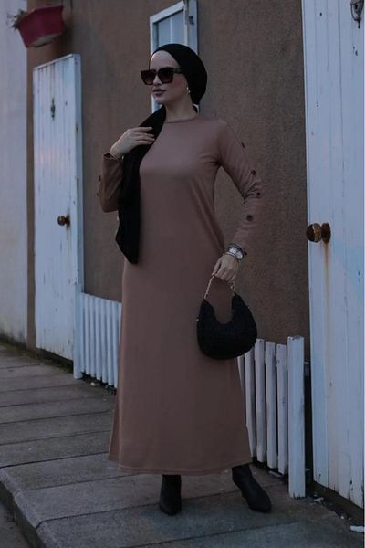 DAS KLEID Beige Dress with Button Sleeves