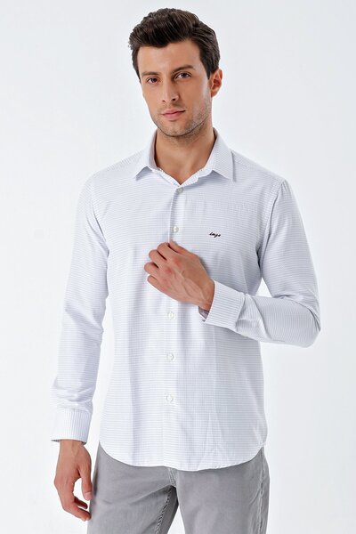 İmza Λευκό μακρυμάνικο μοτίβο Dobby σκληρό γιακά χωρίς τσέπη βαμβακερό κλασικό πουκάμισο με λεπτή εφαρμογή 1004230203