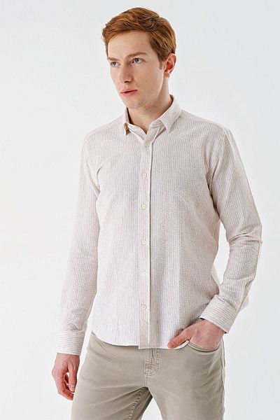 İmza Μπεζ μακρυμάνικο ριγέ γιακά βαμβακερό Lycra Casual Slim Fit Slim Fit πουκάμισο 1004240233