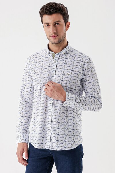 İmza Λευκό μακρυμάνικο εμπριμέ υφασμάτινο κλασικό πουκάμισο με λεπτή εφαρμογή με γαρνιτούρα χωρίς τσέπη 1004230228