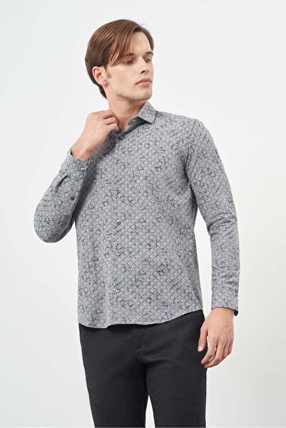 İmza Фума Long Sleeve Half Italian Collar Pocketless Cotton Classic Slim Fit Shirt 1004245222