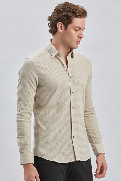 İmza Μπεζ μακρυμάνικο πουκάμισο με μονό γιακά βαμβακερό Lycra Casual Slim Fit Slim Fit πουκάμισο 1004240232