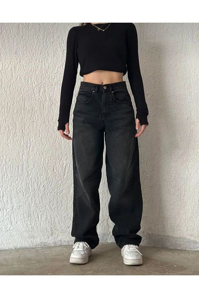 BROWSER Women's Black High Waist Belt Detailed Wide Leg Comfortable Fit Baggy Pants