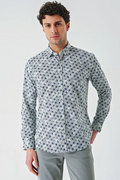 İmza Βαμβακερό πουκάμισο Aqua Green Slim Fit - Μακρυμάνικο, εμπριμέ γαρνιρισμένο 1004240211