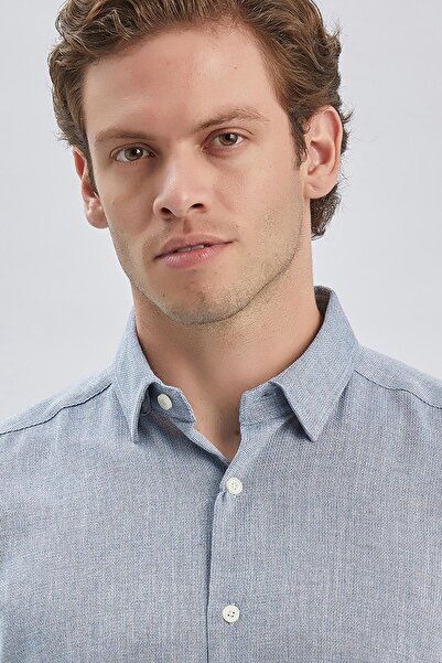 İmza Темно-синя сорочка з довгими рукавами, з власним візерунком, з напівіталійським коміром, класичного крою, 1004240250