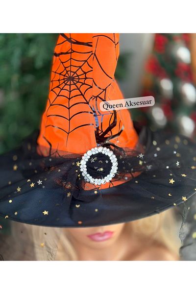 QUEEN AKSESUAR Imported luxury brooch lace Gauzy witch hat halloween hat black orange spider web pattern