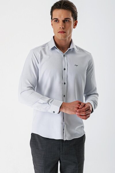 İmza Сіра сорочка з довгими рукавами, візерунком, жорстким коміром, без кишень, з бавовняної тканини, облягаючого крою, 1004235171