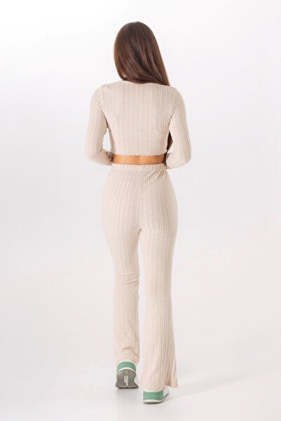 Fashion'S Beige Long Sleeve Slit Crop Spanish Leg Pants Set