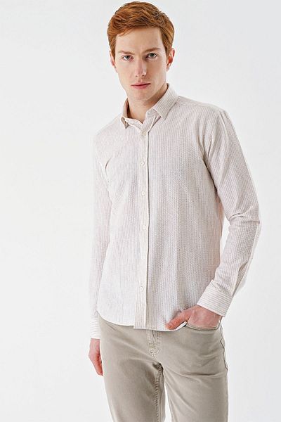 İmza Μπεζ μακρυμάνικο ριγέ γιακά βαμβακερό Lycra Casual Slim Fit Slim Fit πουκάμισο 1004240233