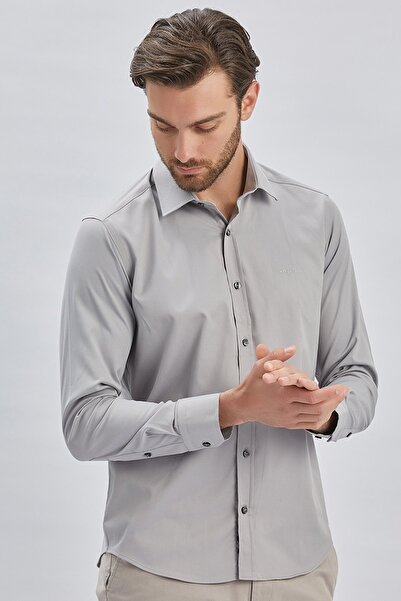 İmza Gray Hard Collar Cotton Lycra Slim Fit Shirt - Long Sleeve1004240234