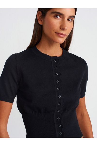Dilvin 60279 Crew Neck Buttoned Knitwear Cardigan-Black