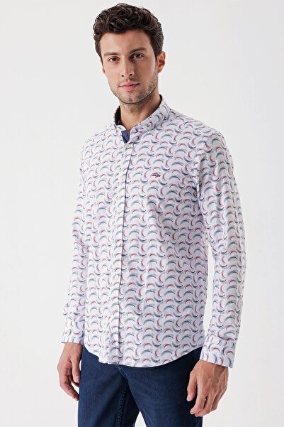 İmza Εκρού μακρυμάνικο εμπριμέ υφασμάτινο πόδι χωρίς τσέπη Γαρνιρισμένο κλασικό πουκάμισο με λεπτή εφαρμογή 1004230228