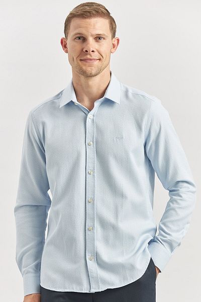 İmza 032 Μοντέλο σκούρο μπλε Casual Slim Fit πουκάμισο - Μακρύ μανίκι, αυτοσχεδιασμένο και Dobby, σκληρός γιακάς 1004240249