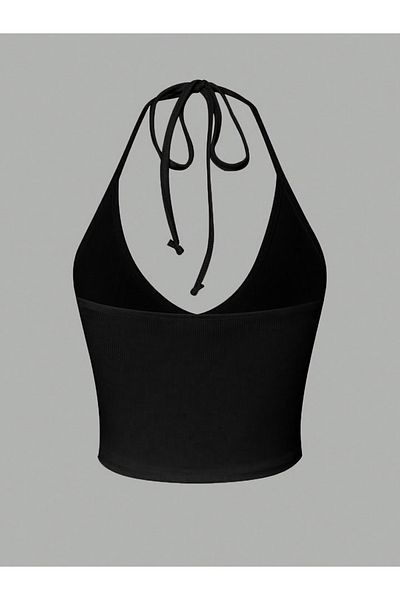 Liona V-Neck Black Color Patternless Neck Tie Corded Short Sleeveless Lycra Fit Crop Top Blouse