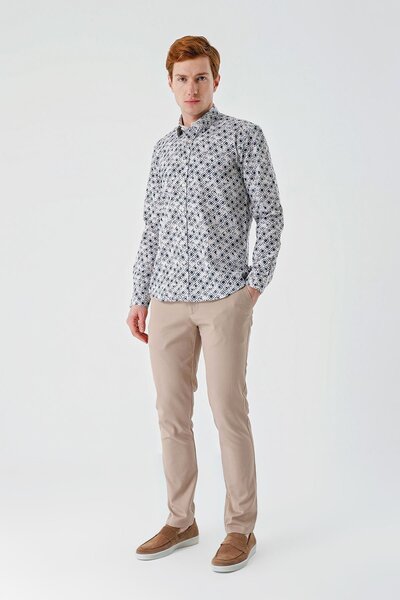 İmza Відкрита бежева бавовняна сорочка Slim Fit - з довгими рукавами, принтом та коміром 1004240211