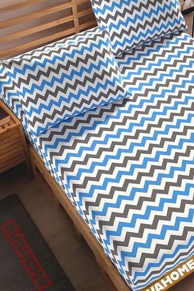 Lorien Ranforce Fabric Blue Zigzag Pattern - Elastic Sheet Set, Single/Double/Large Size