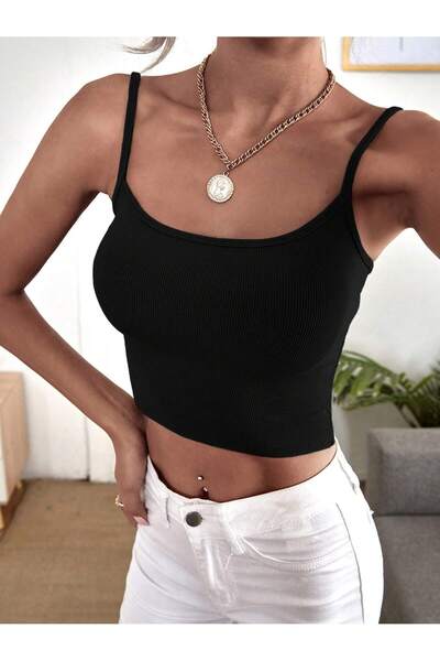 Liona U Neck Black Color Patternless Straps Off-The-Shoulder Ribbed Lycra Fit Crop Top Blouse
