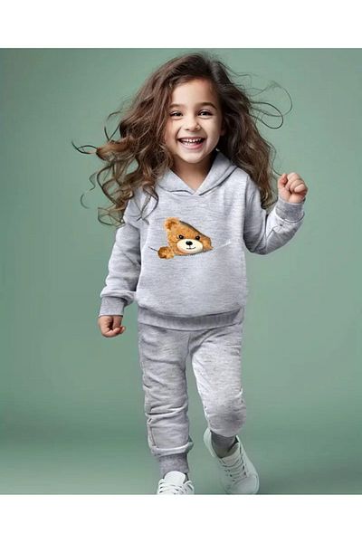 CINARIUM Unisex Kids Hooded Teddy Bear Printed Top and Bottom Set