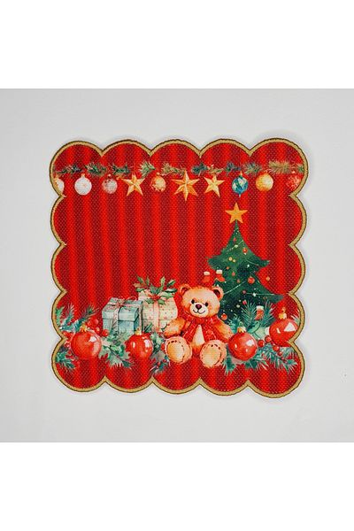 DECO New Year's Concept Red Striped Teddy Patterned Embroidered Cocktail Napkin