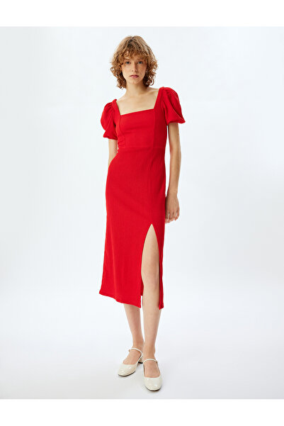 Koton Balon Kol Elbise Bodycon Midi Boy Kare Yaka Sırtı Bağcıklı Yırtmaç Detaylı Bürümcük