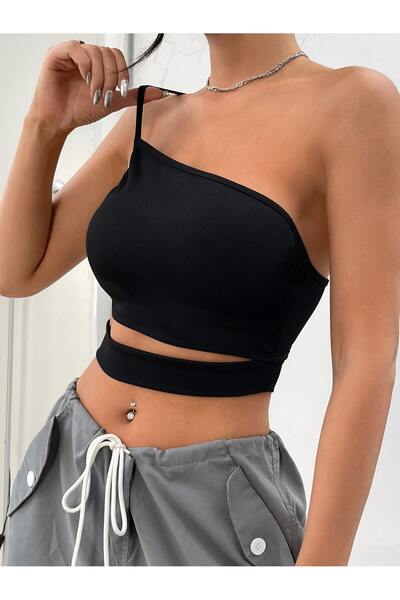 Liona Asymmetric Collar Black Color Patternless Cross Cut Ribbed Short Sleeve Lycra Fit Crop Top Blouse