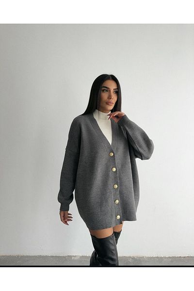BE CHİC Women's V-Neck Buttoned Long Oversize Flat Tricot Cardigan Mw34012