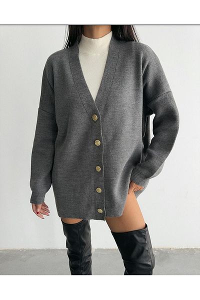 BE CHİC Women's V-Neck Buttoned Long Oversize Flat Tricot Cardigan Mw34012